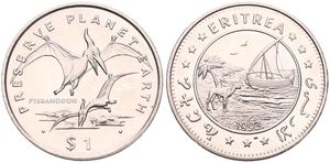 Eritrea, Republic, 1 Dollar Copper-Nickel 1993, Prehistorical Animals - Pteranodon, KM 14, UNC