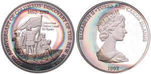 Turks & Caicos Islands, British Colony, Elizabeth II, 20 Crowns Silver 1992, 500th Anniversary Discovery of America - Columbus claims land for Spain, KM 130.3, PROOF