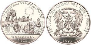 Saint Thomas & Prince, Democratic Republic, 500 Dobras - 1 Ecu Copper-Nickel 1993, Association with European Common Market - Sailing Ships, KM 67, UNC