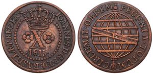 Brazil, Portuguese Colony, Joao, 10 Reis Copper 1815B, Curved parallels on globe, KM 232.2, A.XF