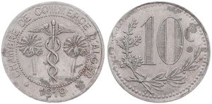 Algeria, French Occupation, Token coinage from Alger, 10 Centimes Aluminum 1919, Symbol and palm trees within beaded circle, KM TnA5, VF/XF