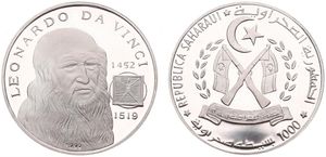 Saharawi Arab Democratic Republic, 1000 Pesetas Silver 1999, Leonardo Da Vinci 1452 - 1519, KM 49, PROOF 