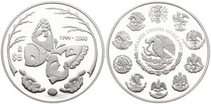 Mexico, Estados Unidos, 5 Pesos Silver 1999-2000, Millennium - Butterfly flanked by sprigs above hands, KM 630, PROOF