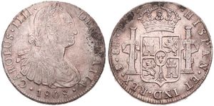 Bolivia, Spanish Colony, Charles IV, 8 Reales Silver 1808PTS PJ, Laureate bust right / Crowned arms between pillars, KM 73, VF