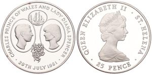 Saint Helena, British Colony, Elizabeth II, 25 Pence (Crown) Silver ND (1981), Wedding of Prince Charles and Lady Diana, KM 9a, PROOF