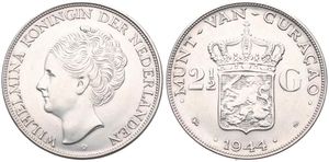 Curaçao, Dutch Dependency, Wilhelmina I, 2-1/2 Gulden Silver 1944D, Head left, KM 46, A.UNC