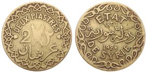 Syria, French Protectorate, 2 Piastres Aluminum-Bronze 1926, Crossed oat sprigs divide value, KM 69, VF