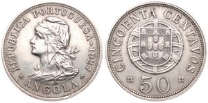 Angola, Portuguese Colony, 50 Centavos Nickel-Bronze 1927, Laureate head left, KM 69, XF