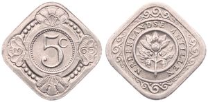 Netherlands Antilles, Dutch Administration, Juliana, 5 Cents Copper-Nickel 1965, Orange blossom within circle, KM 6, UNC