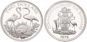 Bahamas, Commonwealth, Elizabeth II, 2 Dollars Silver 1978, Two Flamingos, KM 66a, PROOF