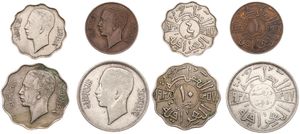 Iraq, Kingdom, Ghazi I, 1, 4, 10 & 50 Fils 1938, Head of King Ghazi I left, KM 102/105, VF