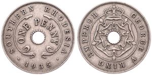 Southern Rhodesia, British Colony, George V, 1 Penny Copper-Nickel 1935, Crowned flower design within circle around center hole, KM 7, VF