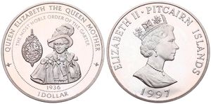 Pitcairn Islands, British Colony, Elizabeth II, 1 Dollar Copper-Nickel 1997, The Queen Mother and Noble Order of the Garter, KM 10, B.UNC
