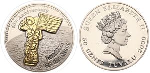 Tuvalu, Constitutional Monarchy within the Commonwealth, Elizabeth II, 50 Cents Copper-Nickel 2009, 40th Anniversary Landing on the Moon - Brass gilded Astronaut, PROOFLIKE