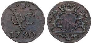 Netherlands East Indies, V.O.C., 1 Duit Copper 1780, Crowned Utrecht arms, KM 111.1, VF+