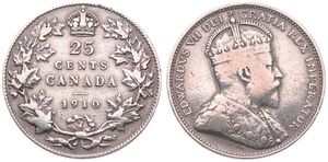 Canada, Confederation, Edward VII, 25 Cents Silver 1910, Crowned bust right, KM 11a, A.VF