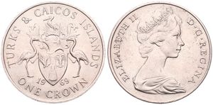 Turks & Caicos Islands, British Colony, Elizabeth II, 1 Crown Copper-Nickel 1969, Helmeted arms with supporters, KM 1, UNC