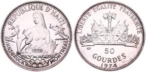 Haiti, Republic, 50 Gourdes Silver 1974, Olympics - Figure with torch above flame flanked by athletes, KM 113, PROOF