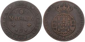 Angola, Portuguese Colony, Maria II, 1/2 Macuta Copper 1851, Denomination within beaded circle, KM 56, A.VF