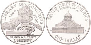 United States of America, Republic, 1 Dollar Silver 2000P, Library of Congress Bicentennial, KM 311, PROOF