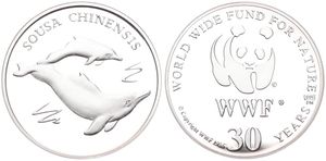 WWF, World Wide Fund for Nature, Medal in Silver 1986, 30th Anniversary of WWF - Sousa Chinensis (Chinese White Dolphin) / WWF Logo surrounded by legend, PROOF