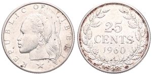 Liberia, Republic, 25 Cents Silver 1960, Head with headdress left above star, KM 16, XF