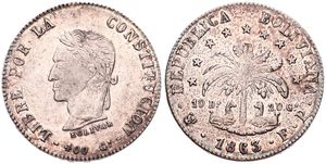 Bolivia, Republic, 8 Soles Silver 1863/2PTS FP, Laureate head of Bolivar left, KM 138.6, XF