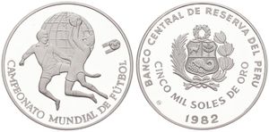 Peru, Republic, 5000 Soles de Oro Silver 1982, World Championship Soccer - 2 Soccer players, KM 285, PROOF