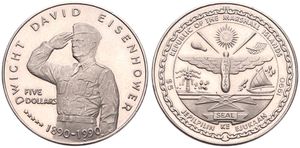 Marshall Islands, Republic, 5 Dollars Copper-Nickel 1990M, Dwight David Eisenhower, KM 38, UNC