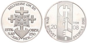 Bouvet Island, Norwegian Research Station in Antarctica, 1 Kroner Copper-Nickel 2008, Stylized Sailing Ship / Two hands holding axe, KM X1, UNC