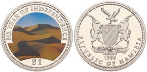 Namibia, Republic, 1 Dollar Copper-Nickel 1995, 5th Anniversary of Independence - Multicolor desert view, KM 6, PROOF
