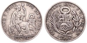 Peru, Republic, 1/5 Sol Silver 1907 FG, Seated Liberty flanked by shield and column, KM 205.2, VF 