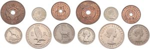 Rhodesia & Nyasaland, Federation, Elizabeth II, 1/2, 1, 3, 6 Pence & 1, 2 Shillings 1956-1958, Various designs, KM 1/6, XF