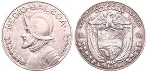 Panama, Republic, 1/2 Balboa Silver 1934, Armored bust of Balboa left, KM 12.1, VF