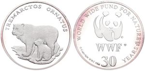 WWF, World Wide Fund for Nature, Medal in Silver 1986, 30th Anniversary of WWF - Tremarctos Ornatus (Spectacled Bear) / WWF Logo surrounded by legend, PROOF