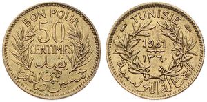 Tunisia, French Protectorate, Anonymous, 50 Centimes Aluminum-Bronze AH1360-1941, Date within wreath, KM 246, A.UNC