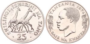 Tanzania, Republic, 25 Shilingi Silver 1974, Conservation - Three Giraffes running right, KM 7, UNC