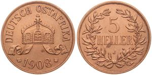 German East Africa, Colony, Wilhelm II, 5 Heller Bronze 1908J, Crown with ribbon above date, KM 11, XF (cleaned)