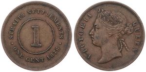 Straits Settlements, British Colony, Victoria, 1 Cent Copper 1876, Crowned bust left, KM 9, VF