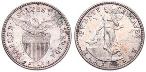 Philippines, United States Administration, 20 Centavos Silver 1913S, Eagle above stars and striped shield, KM 170, XF