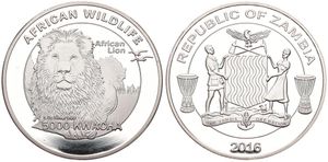 Zambia, Republic, 5000 Kwacha Silver Plated 2016, Wildlife - Lion, KM New, PROOF