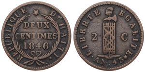Haiti, Republic, 2 Centimes Copper 1846 / AN 43, Liberty cap on top, KM 27, VF