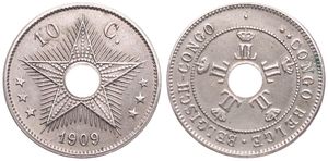 Belgian Congo, Colony, Leopold II, 10 Centimes Copper-Nickel 1909, Center hole flanked by crowned monograms within beaded circle, KM 13, Medal Alignment, A.UNC