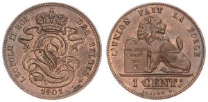 Belgium, Kingdom, Leopold II, 1 Centime Copper 1901/801FR, Seated lion with tablet, Morin 230a, UNC