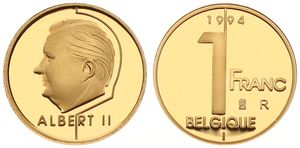 Belgium, Kingdom, Albert II, Restrike : 1 Franc Gold 1994FR, Head left, GR-BR 3983, PROOF (*)
