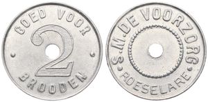 Belgium, Kingdom, Roeselare, Token in Aluminum ND, Goed voor 2 Brooden / Samenwerkende Maatschappij De Voorzorg in Roeselare, XF