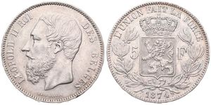 Belgium, Kingdom, Leopold II, 5 Francs Silver 1874, Bearded head left, Morin 161, XF