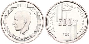 Belgium, Kingdom, Baudouin I, 500 Francs Silver 1990FR, 60th Birthday of King Baudouin I, Morin 844, UNC