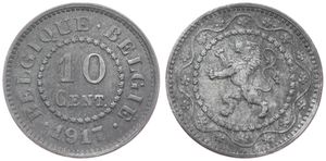 Belgium, Kingdom, Albert I, 10 Centimes Zinc 1917FR/FL, German Occupation - Rampant lion within circle, Morin 439, RARE KEY DATE !, A.XF
