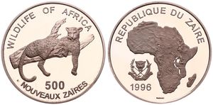 Zaire, Republic, 500 Nouveaux Zaires Silver 1996, Wildlife - Leopard on branch, KM 20, PROOF